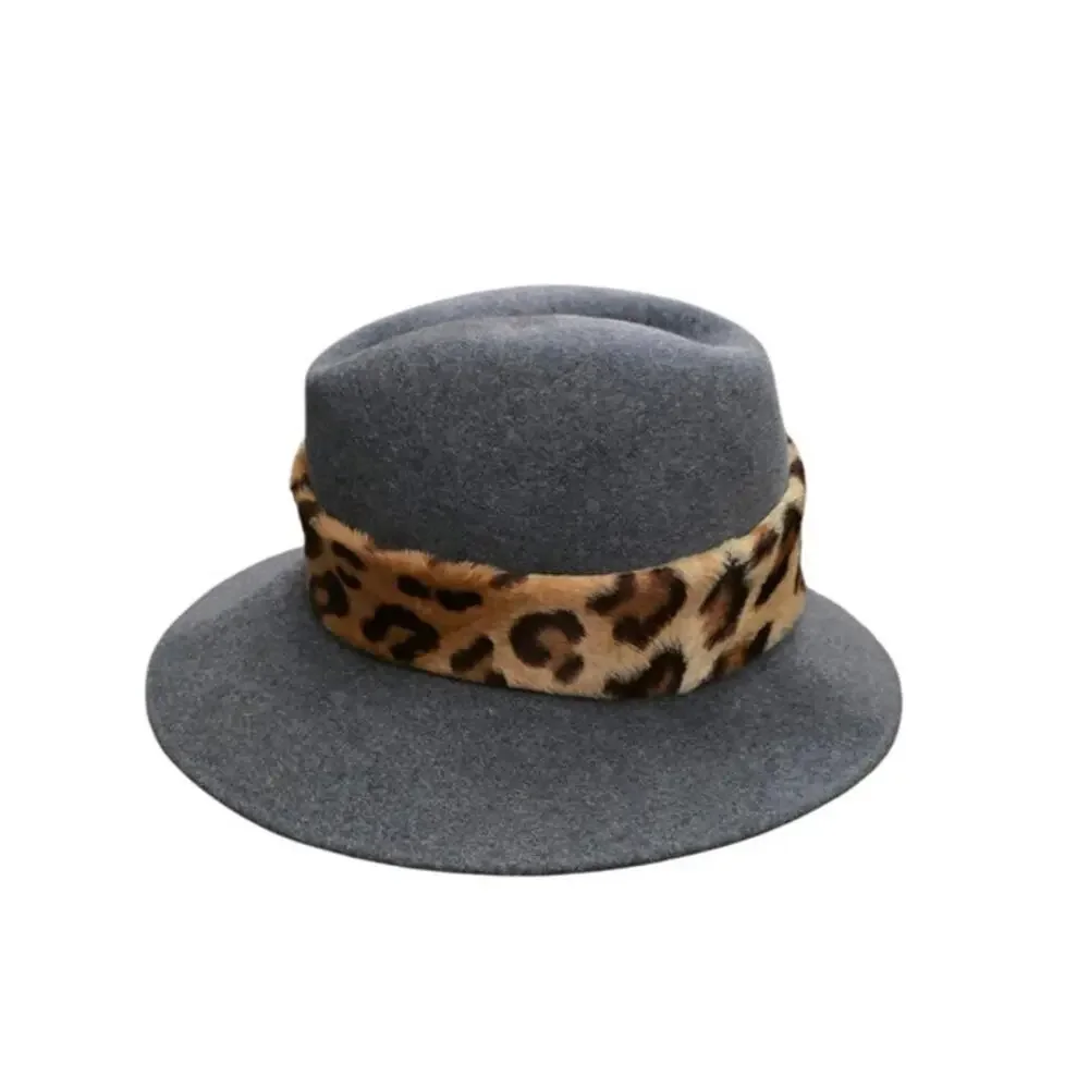 Vintage Fedora Adolfo II Hat Wool Wide Brim Felt Womens Gray Leopard